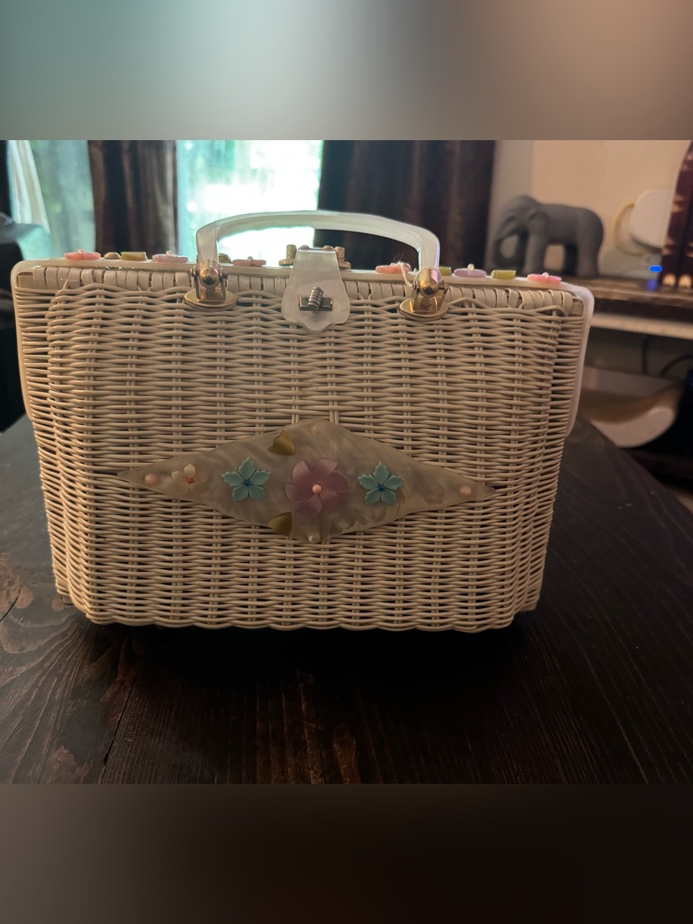 Vintage 1950s Tropical Miami Wicker Handbag with Lucite Handle